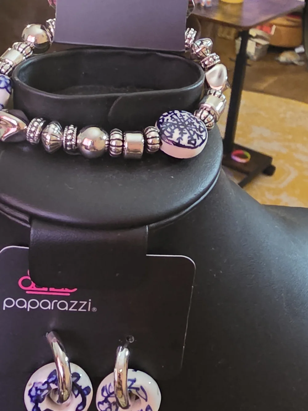Paparazzi Blue and White Floral Bead Bracelet with Matching Earrings